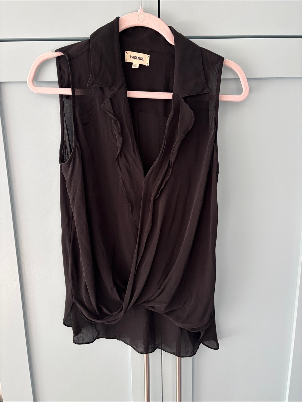 L'AGENCE Black Sleeveless Draped Twist-Front Camisole